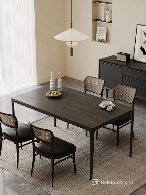 Dark Wooden Dining Table Set With Woven Back Chairs Fruit Plate Vases And Tableware In Modern Room 3d model 