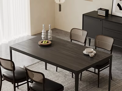 Dark Wooden Dining Table Set With Woven Back Chairs Fruit Plate Vases And Tableware In Modern Room 3d model