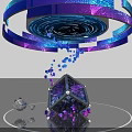Blue Purple Rings Art Installation With Spiral Pattern Transparent Polyhedron Floating Cubes And Silver Object