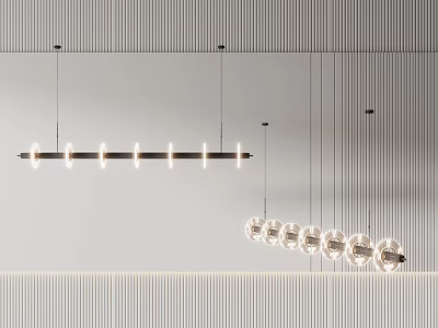 Modern Interior Featuring Stylish Linear And Spherical Chandeliers Mounted On Ceiling 3d model