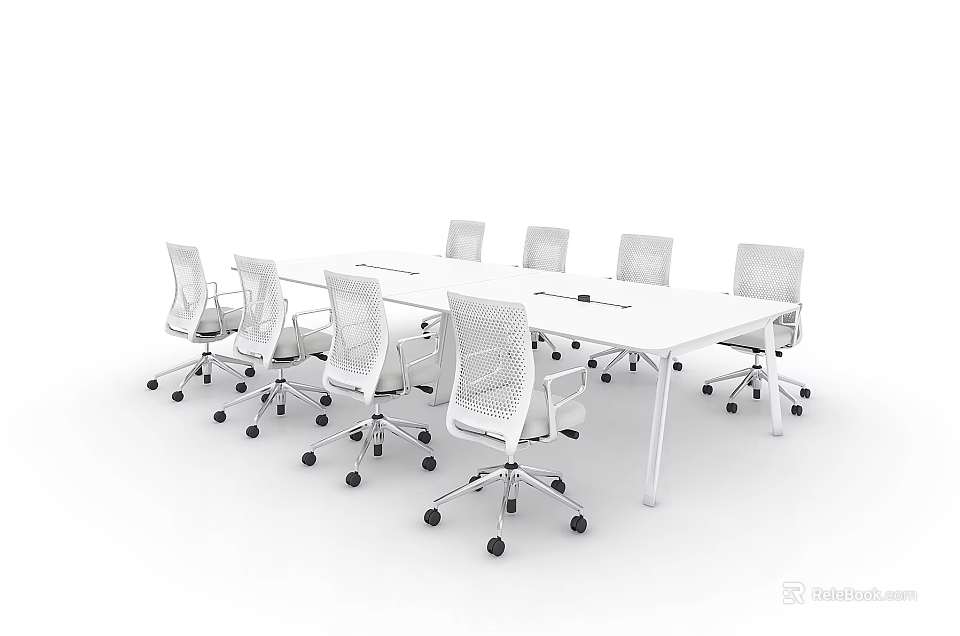 Modern White Conference Table With Sleek Design And Rolling Office Chairs 3d model