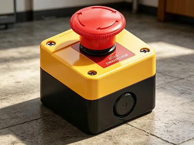 Industrial Equipment Emergency Stop Button Yellow Black Base With Red Circular Top Safety Device 3d model