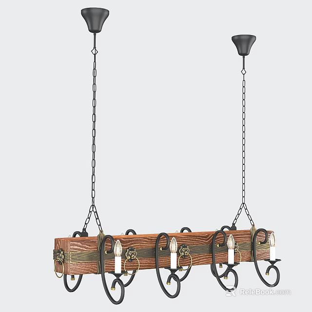 Vintage Wooden Chandelier With Metal Chains And Candle Shaped Light Holders 3d model 
