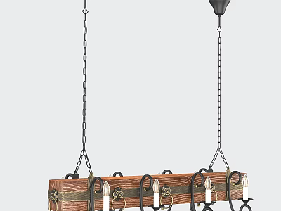 Vintage Wooden Chandelier With Metal Chains And Candle Shaped Light Holders 3d model