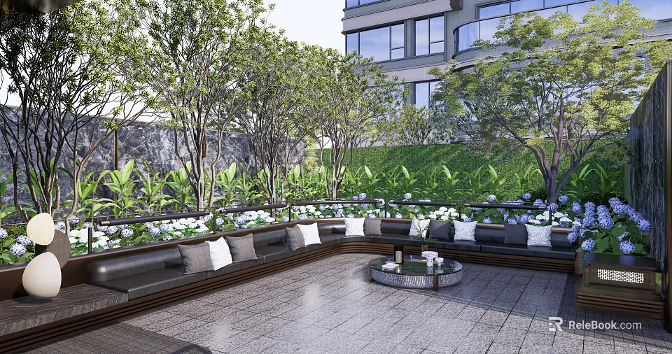 Residential Landscape Featuring Modern Building Outdoor Lounge Area With Trees Grass And Flowers 3d model 