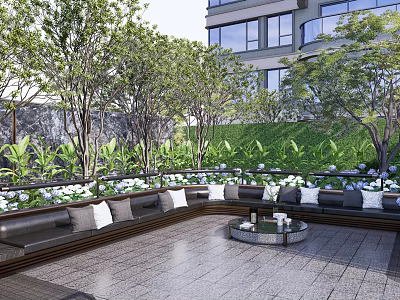Residential Landscape Featuring Modern Building Outdoor Lounge Area With Trees Grass And Flowers 3d model
