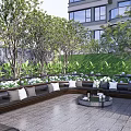 Residential Landscape Featuring Modern Building Outdoor Lounge Area With Trees Grass And Flowers