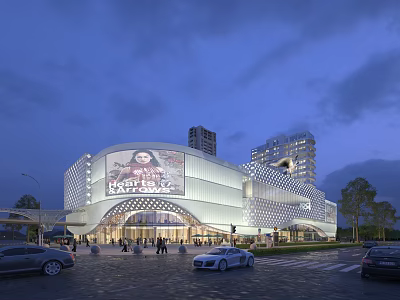 Modern Commercial Complex With Large Digital Screen And Surrounding Cars At Evening 3d model