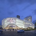 Modern Commercial Complex With Large Digital Screen And Surrounding Cars At Evening