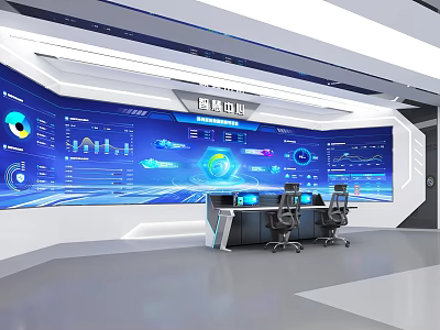 High Tech Control Center Exhibition Hall Interior With Large Screens Data Charts And Control Desk 3d model