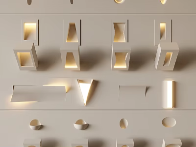 White Wall Lamps in Various Shapes Mounted on Light Colored Walls Illuminated with Warm Glow 3d model