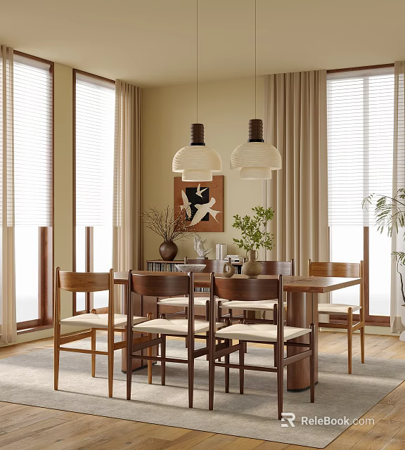 Modern Restaurant Interior With Wooden Table And Chairs Two Hanging Lights Beige Curtains Artwork Plants 3d model 