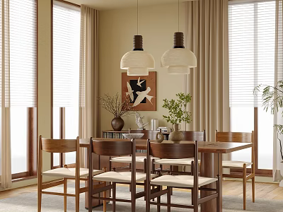 Modern Restaurant Interior With Wooden Table And Chairs Two Hanging Lights Beige Curtains Artwork Plants 3d model