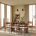 Modern Restaurant Interior With Wooden Table And Chairs Two Hanging Lights Beige Curtains Artwork Plants