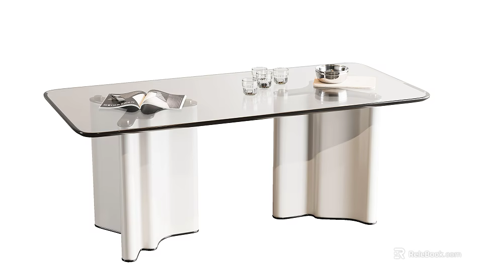 Modern Glass Top Dining Table With Silver Curved Legs Open Magazine Clear Glasses And Tray 3d model 