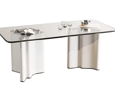 Modern Glass Top Dining Table With Silver Curved Legs Open Magazine Clear Glasses And Tray 3d model