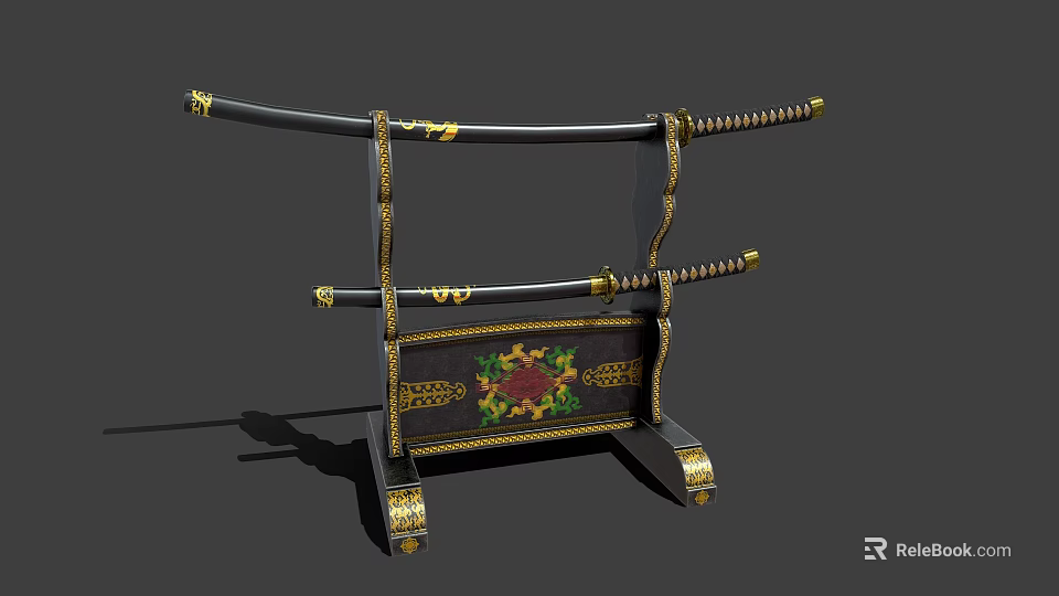 Traditional Samurai Swords Placed On Decorative Black Stand With Golden Accents And Floral Patterns 3d model 