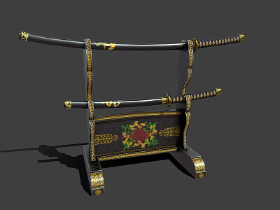 Traditional Samurai Swords Placed On Decorative Black Stand With Golden Accents And Floral Patterns 3d model