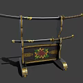 Traditional Samurai Swords Placed On Decorative Black Stand With Golden Accents And Floral Patterns