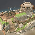 Vibrant Cartoon Seaside Stone Hut Scene With Rocks Hanging Clothes Barrels Wagon Wheel and Shed