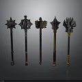 Five Different Designed Metal Hammers With Decorative Handles And Unique Metallic Heads