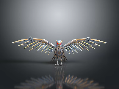 Mechanical Eagle Bird With Spread Metallic Wings 3D Model On Grey Background With Surface Reflection 3d model