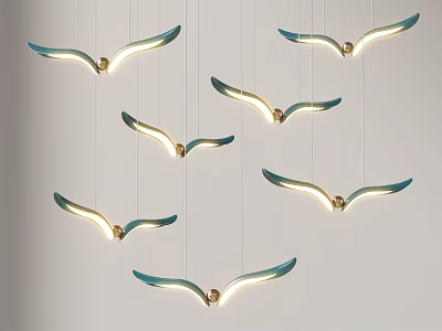Modern Seagull Wing Shaped Chandeliers with Green and White Lighting Hanging in Interior Design 3d model