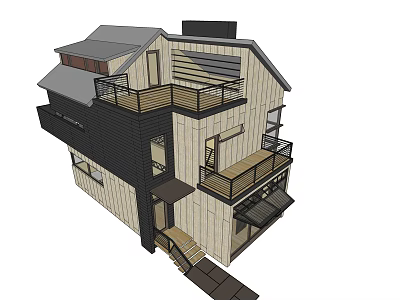 Modern Detached Villa With Wooden Exterior Balconies And Multi Story Structure 3d model