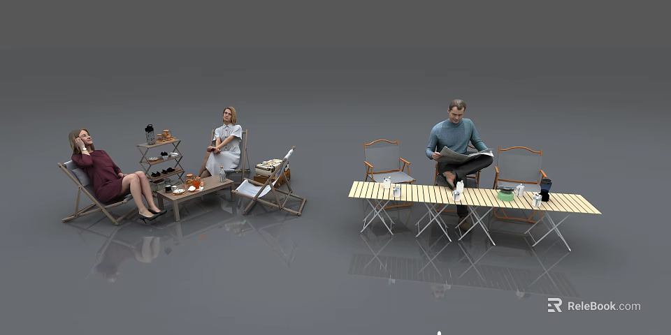Group of People Sitting at Folding Tables with Chairs Enjoying Leisure Time 3d model 