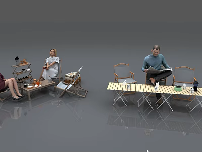 Group of People Sitting at Folding Tables with Chairs Enjoying Leisure Time 3d model