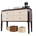Modern Dark Brown And Light Wood Sideboard With Four Gold Handle Drawers And Storage Baskets