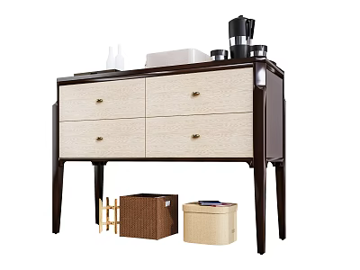 Modern Dark Brown And Light Wood Sideboard With Four Gold Handle Drawers And Storage Baskets 3d model