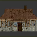 Weathered Small House With Rusty Red Roof Chimney Wooden Windows And Purple Door