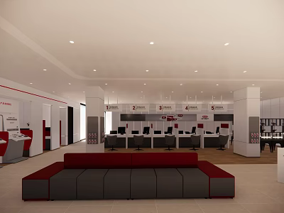 Spacious Modern Office Interior With White Ceiling Recessed Lighting Red Gray Sofa And Workstations 3d model