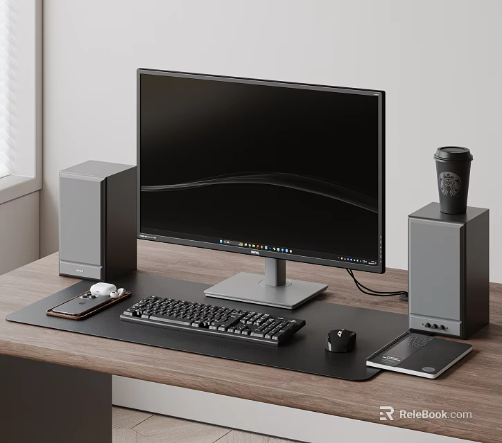 Modern Computer Workstation With Monitor Keyboard Mouse Speakers Smartphone Tablet And Coffee Cup On Desk 3d model 