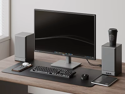Modern Computer Workstation With Monitor Keyboard Mouse Speakers Smartphone Tablet And Coffee Cup On Desk 3d model