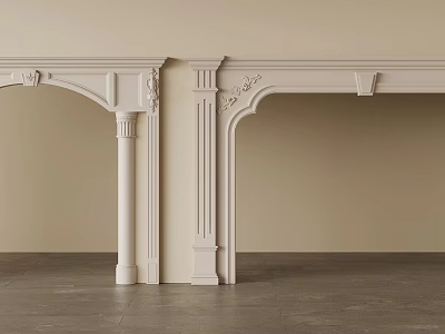 Pair of White Decorative Mantelpieces Against Beige Wall With Dark Floor 3d model