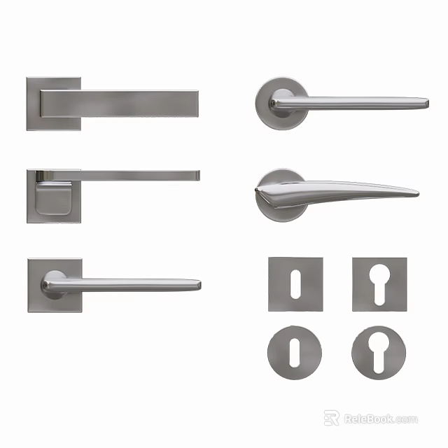 Stylish Swing Door Hardware With Various Metal Handles And Keyhole Designs 3d model 