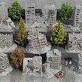 Collapsed Industrial Factory Building With Miniature People Figures And Trees Models