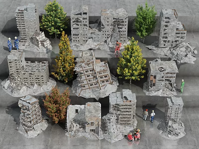 Collapsed Industrial Factory Building With Miniature People Figures And Trees Models 3d model