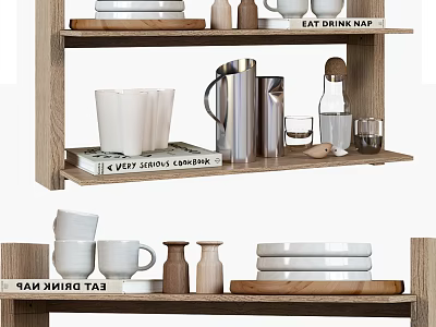 Tableware Set with Stacked Plates Mugs and Kettle on Wooden Kitchen Shelves 3d model