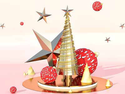Festive Christmas Decorations With Golden Tree Large Star Red Balls On Circular Base 3d model