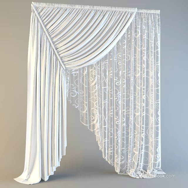 White Pleated Curtains With Elegant Lace And Floral Pattern For Home Decor 3d model 