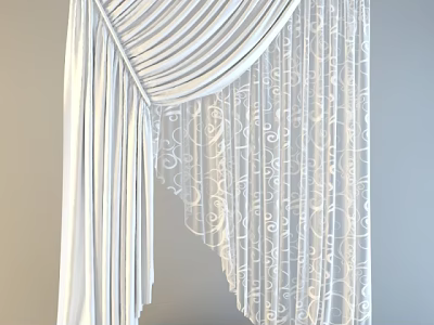 White Pleated Curtains With Elegant Lace And Floral Pattern For Home Decor 3d model
