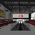 Modern Restaurant Interior With Red Decor Tables Chairs And Posters On Wall