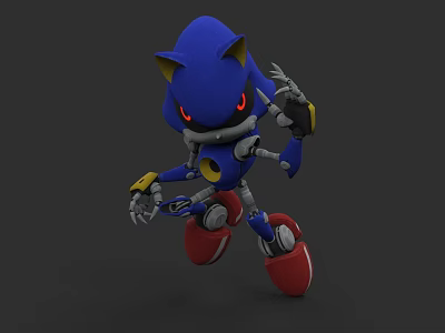 Blue Mechanical Game Movie Character 3D Model With Red Eyes Red Shoes And Mechanical Arms 3d model