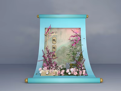 Art Installation Featuring Blue Scroll Peach Blossom Pink Purple Flowers Green Plants And White Fence 3d model