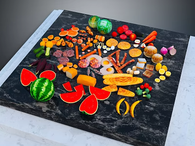 Assorted Fresh Foods Display With Fruits Vegetables Meats And Cheeses On Black Slab 3d model