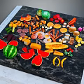 Assorted Fresh Foods Display With Fruits Vegetables Meats And Cheeses On Black Slab