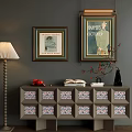 Entryway Console Table With Gray Cabinet Patterned Drawers Red Decor Open Book Black Vase 3d model